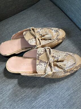 J.CREW Snake Embossed Italian Leather Tassel Mules Loafers Neutral Flats Size 8